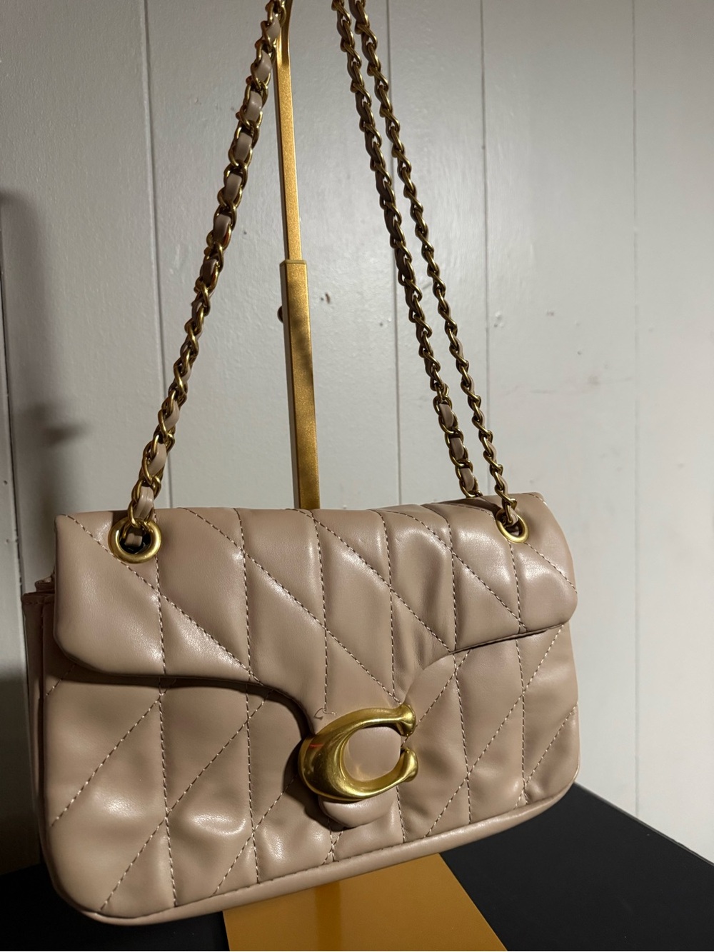 Coach Quilted Shoulder Bag in Beige with Gold Hardware